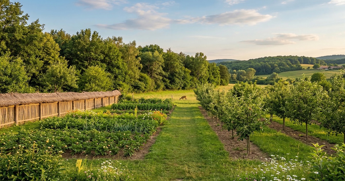 Ovocný sad a poľnohospodárska plocha v extraviláne pri okraji lesa